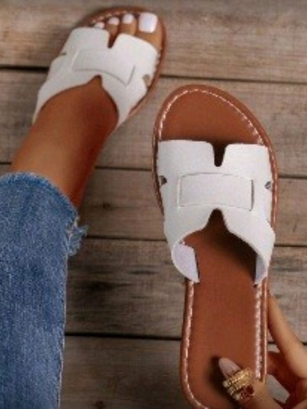 NWOT Faux Leather H Cut Out Flat Slide Sandals, 41 (US 9.5), White